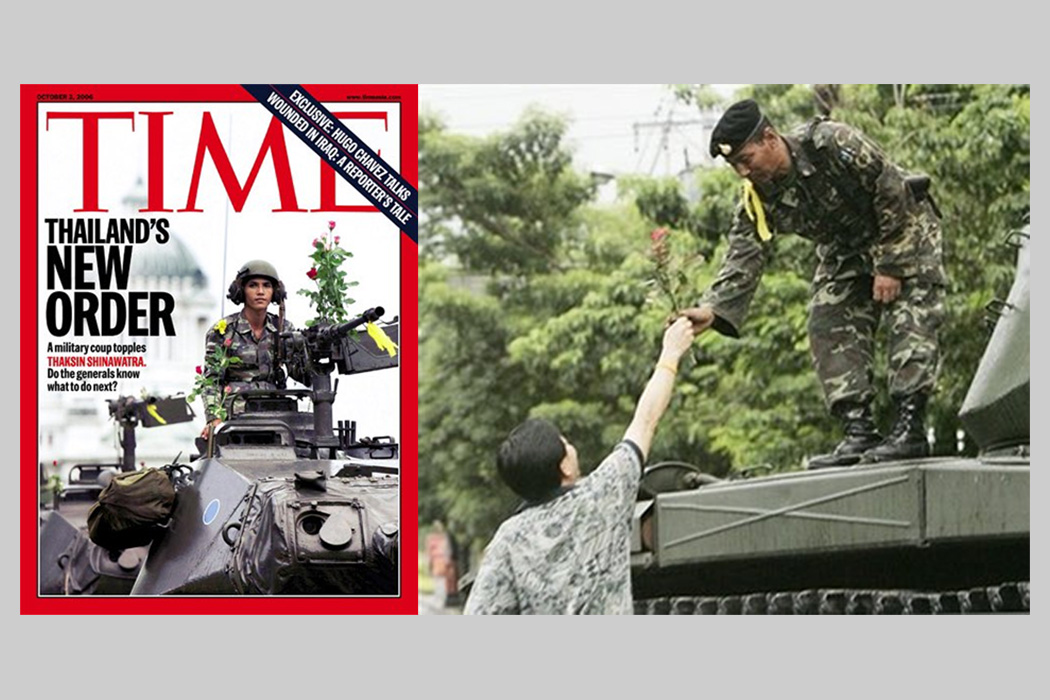 นิตยสาร Time ลงข่าวการรัฐประหาร 19 กันยายน พ.ศ. 2549 และภาพประชาชนมอบดอกไม้ให้แก่คณะทหารที่ทำรัฐประหาร ที่มา : นิตยสาร Time และ twitter.com/Boongkeang