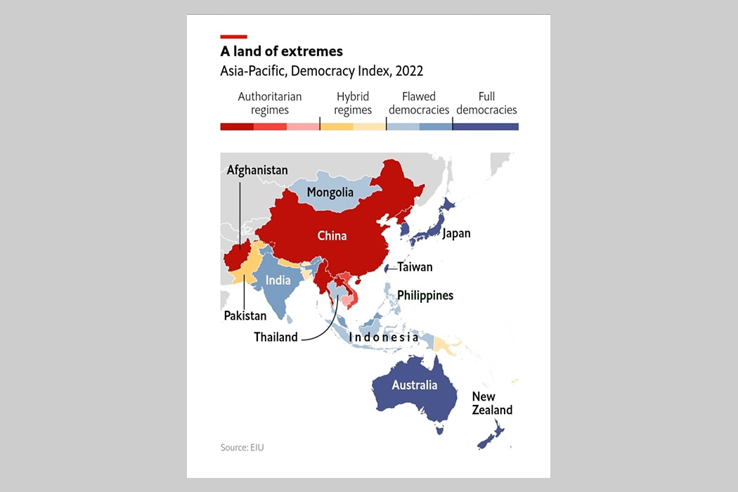 กลุ่มประเทศตามคุณภาพประชาธิปไตย 4 กลุ่ม ของ EIU, Democracy Index 2022 ที่ระบุว่าไทยคือสีฟ้าอ่อนอยู่ในกลุ่มประเทศที่มีประชาธิปไตยบกพร่อง (Flawed Democracy) ที่มา : The Economist, (March 2023) และ EIU, Democracy Index 2022